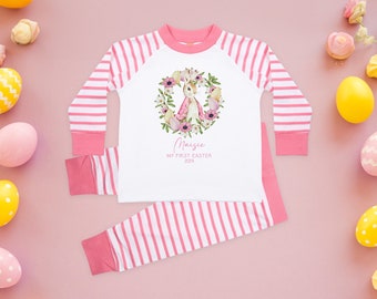 Personalised Baby Girl Pyjamas - My 1st Easter 6-12 Months Rabbit Pink Outfit Clothing Stripe PJs