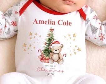 Personalised My First Christmas Sleepsuit 1st Xmas Rompersuit Babygrow Teddy Bear