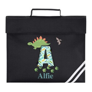 Personalised School Book Bag for Children Music Homework Bags for Kids for School Navy Blue Dinosaur Boy with Name BookBag Black