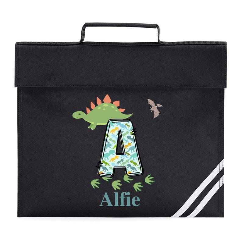 Personalised School Book Bag for Children Music Homework Bags for Kids for School Navy Blue Dinosaur Boy with Name BookBag Black