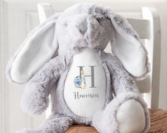 Personalised Easter Bunny Rabbit Grey Baby Blue Gift For Newborn Boy Teddy Bear 23cm New Baby Present