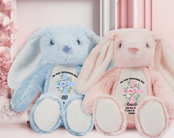Personalised Christening Bunny Baptism Gifts For Girls Boys Christening Present Godson Goddaughter Baby Rabbit Keepsake Pink Blue  23cm