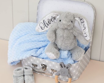 Hoolaroo Large Personalised Bunny Gift Set BootiesTeether Blanket Teddy Bears Newborn Gift Baby Boy Present Suitcase Box Gifts Keepsake Soft