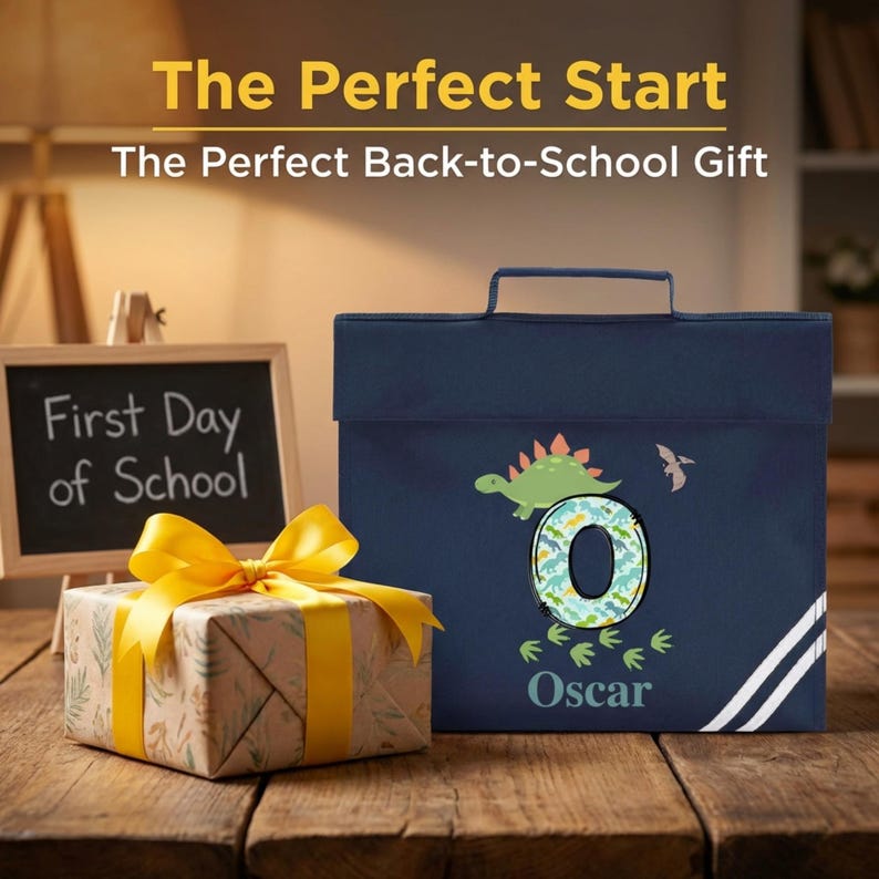Personalised School Book Bag for Children Music Homework Bags for Kids for School Navy Blue Dinosaur Boy with Name BookBag image 11