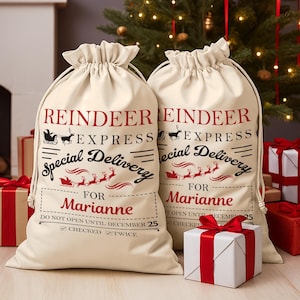Personalised Christmas Sack North Pole Design Large Xmas Drawstring Santa Sack Any Name Christmas Eve Bag  Xmas Decorations