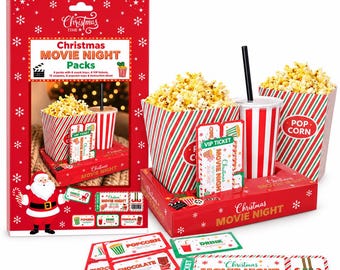 Christmas Movie Night Pack of 6 Snack trays, popcorn cups, VIP tickets and coupons