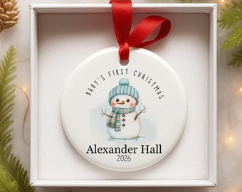 Personalised Babies First Christmas Bauble Christmas Boy Blue Snowman Ceramic Xmas Tree Decoration 7cm