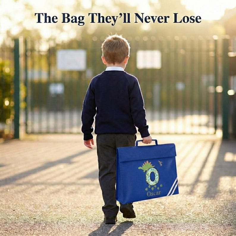 Personalised School Book Bag for Children Music Homework Bags for Kids for School Navy Blue Dinosaur Boy with Name BookBag image 19