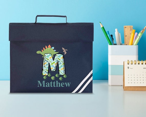 Personalised School Book Bag for Children Music Homework Bags for Kids for School Navy Blue Dinosaur Boy with Name BookBag