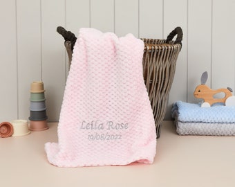 Personalised Embroidered Baby Blanket Fleece Waffle Blanket Present Newborn Gift Soft Warm Blue Pink White Pram Cot New Girl Boy Embroidered