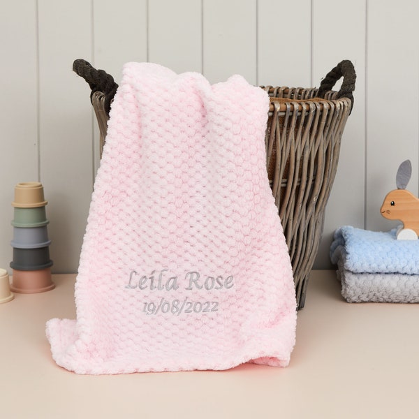 Personalised Embroidered Baby Blanket Fleece Waffle Blanket Present Newborn Gift Soft Warm Blue Pink White Pram Cot New Girl Boy Embroidered
