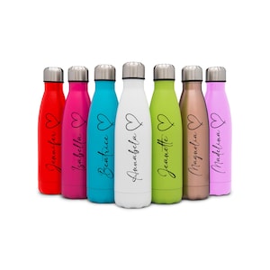 May include: Seven personalised stainless steel water bottles with a heart design and names printed on them. The bottles are in various colours, including red, pink, blue, white, green, brown and purple.