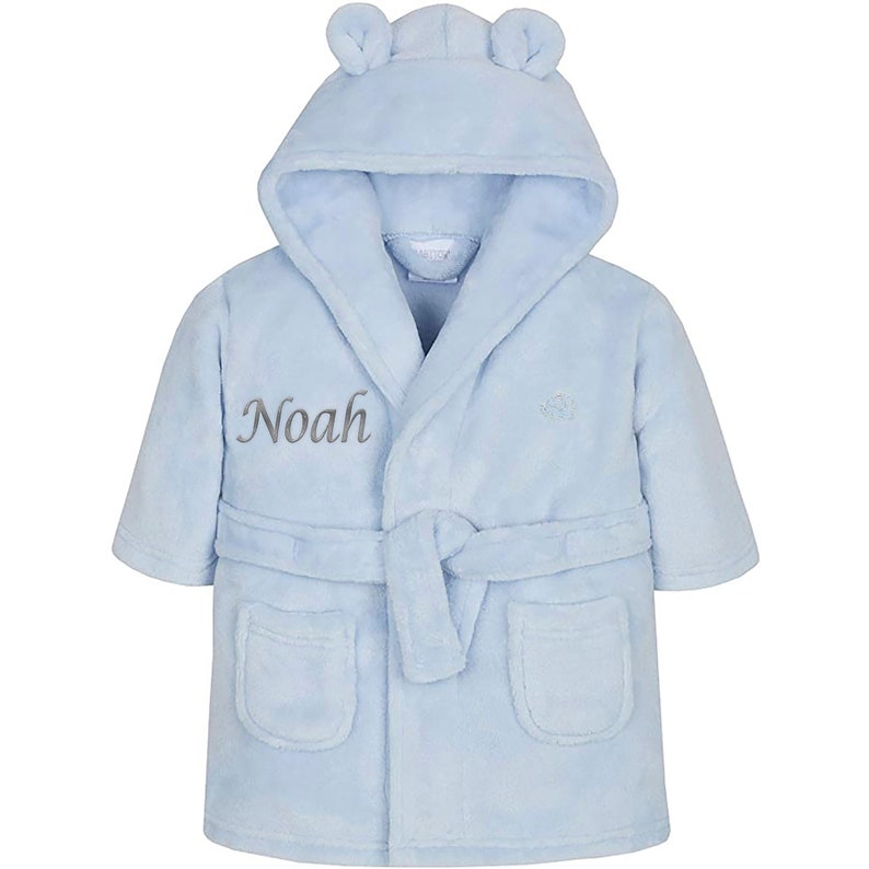 Personalised Baby Dressing Gown Newborn Gift Bath Robe Embroidered Soft Teddy Ears Hooded Housecoat Gift for Babies Boy Girl Present New Blue