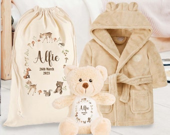 Personalised Baby Bath Gift Set Perfect for Newborn Boys Girls  Personalised Teddy Bear Robe & Customised Gift Bag Woodland