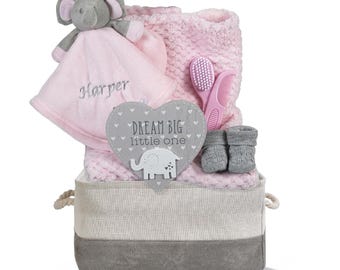 Personalised Baby Gift Basket for Girl Pink Hamper Newborn Embroidered Elephant Comforter Blanket Shower Special Unique New Present Soft