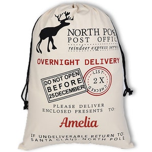 Personalised Christmas Sack | North Pole Design | Large Xmas Drawstring Santa Sack | Any Name | Christmas Eve Bag | Xmas Decorations