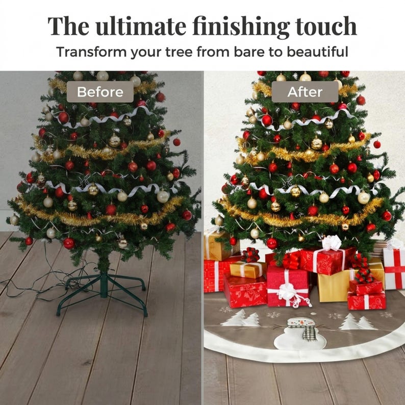 May include: A split-view comparison of a Christmas tree. The left side shows a tree with a visible green metal stand. The right side shows the same tree with a grey tree skirt featuring a white snowman and tree print, surrounded by wrapped gifts.