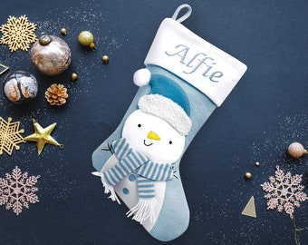 Personalised Baby Christmas Stocking Stocking For Babies 1st Christmas Snowman Blue  First Xmas Stocking Newborn Babies Boy