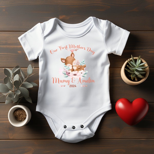 Personalised BabyGrow 1st Mothers Day Together Baby Deer + Mummy Design Newborn, 0-12 Months Vest
