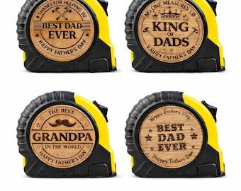 Personalised Engraved Tape Measure, Father's Day Gift for Dad Grandad Stepdad, Wood DIY Tool Keepsake, Best Dad Ever, King of Dads