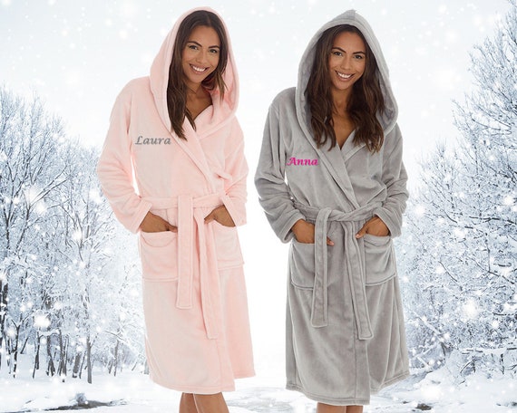 Personalised Ladies Sherpa Fleece Hooded Robe Soft Warm Luxury Dressing Gown  UK | eBay