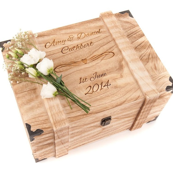 Personalised Keepsake Box Wedding Gift Engraved Wooden Memory Chest Vintage Crate Rustic Memories 2024 Couples Present