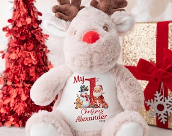 Personalised Babies First Christmas Reindeer Teddy Plush Toy Girl or Boy