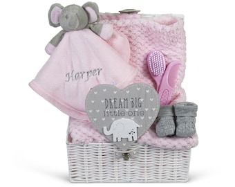 Personalised Baby Gift Basket for Girl Pink Hamper Newborn Embroidered Elephant Comforter Blanket Shower Special Unique New Present Soft