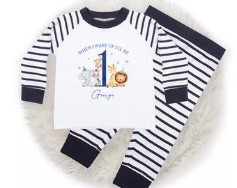 When I Wake Up I'll Be 1 2 3 4 Birthday PJs - Personalised Toddler Pyjamas -  Blue Jungle Animal Party For Boys, 6 Months - 4 Years