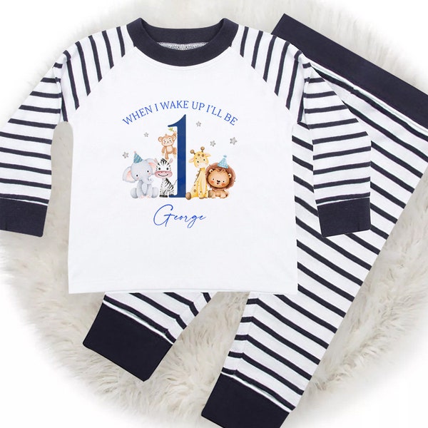 When I Wake Up I'll Be 1 2 3 4 Birthday PJs - Personalised Toddler Pyjamas -  Blue Jungle Animal Party For Boys, 6 Months - 4 Years