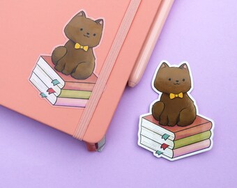 Cat on Books Sticker Transparent Vinyl Sticker Clear Sticker Digital Art Bookish Cat Sticker Gifts for Cat Lovers