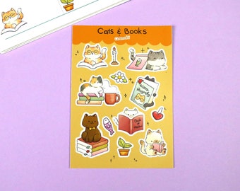 Cats and Books Sticker Sheet | Journal Stickers | Cat Stickers | Bookish Stickers | Kawaii Stickers | Planner Stickers | Bullet Journal