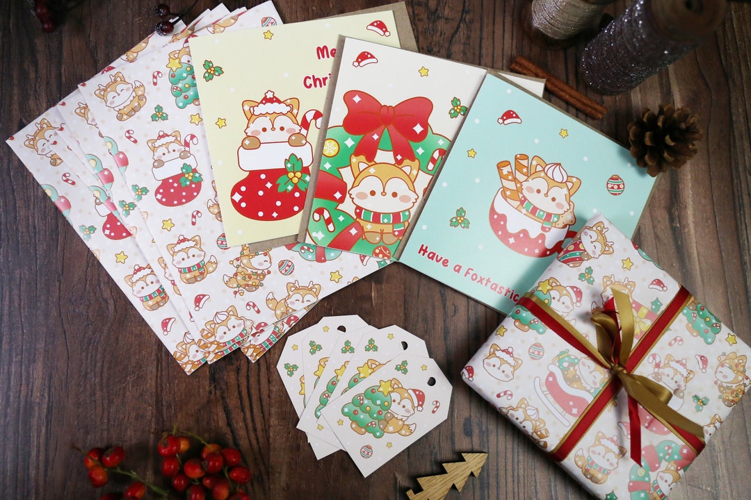 Cute Christmas Fox Present Wrapping Kit Christmas Cards Etsy