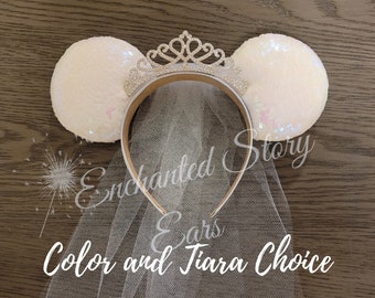 Bridal Tiara Veil Sequins Minnie Mouse Inspired Ears, Wedding, Rehearsal Dinner, Honeymoon, Mickey Inspired Ears, Disney Inspired