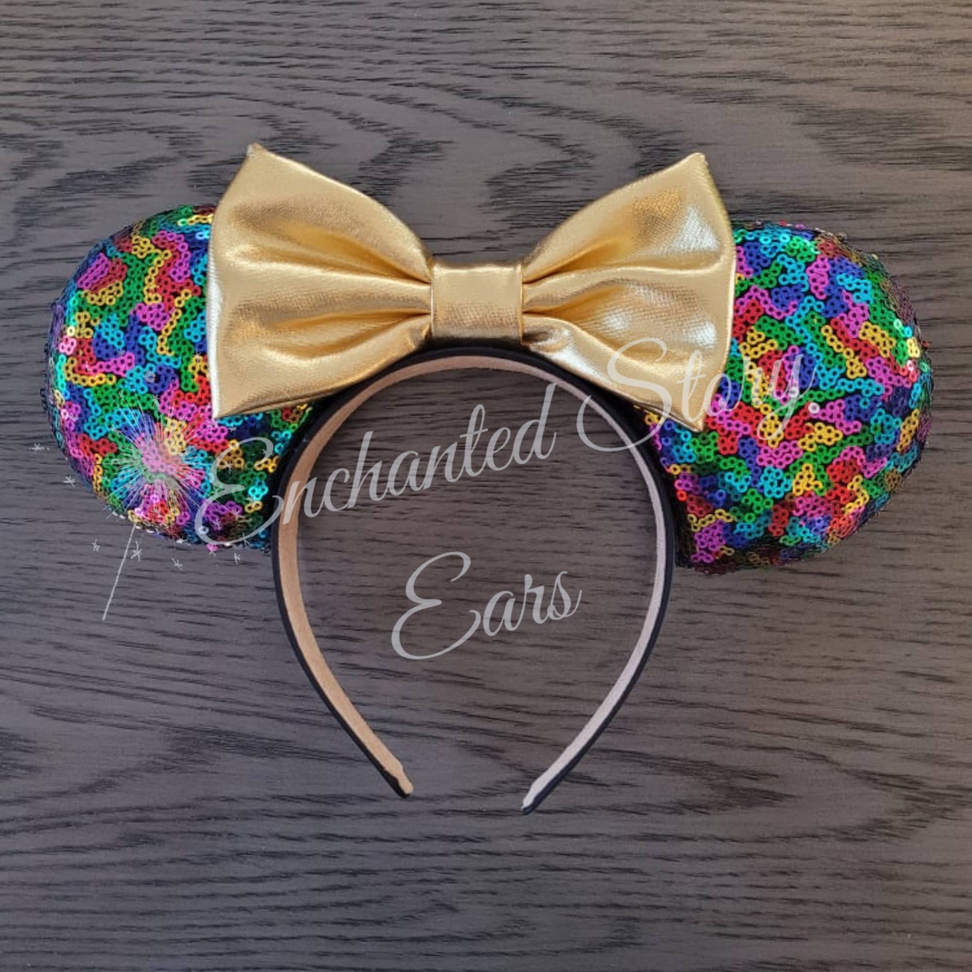 Rainbow Sequin Minnie Inspired Mouse Ears: Gold Bow Birthday 
