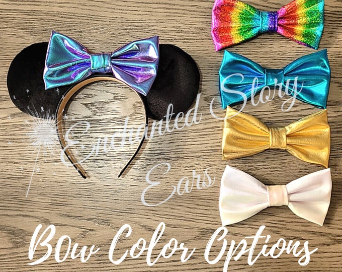 Velvet Iridescent Metallic Bow Minnie Mouse Inspired Ears, Bow Color Choice, Custom, Black Velvet Ears, Metallic Iridescent 50th Anniversary