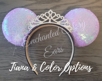 Princess Tiara Sequins Minnie Mouse Inspired Ears, Color and Tiara Choice, Disney Princess Inspired