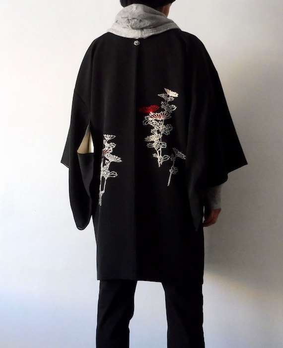 Black long Haori, Black haori embroidery, Haori wi