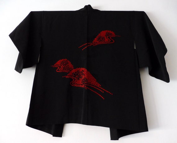 Haori black embroidery, Japanese Jacket, Kimono Ja