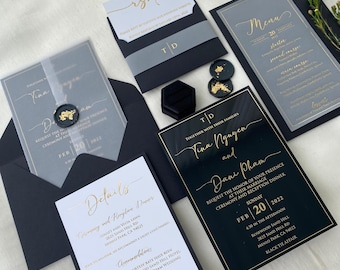 Briefumschlag und Stempel enthalten, Klare Einladung, Transparente Einladungen, Klare Hochzeitseinladungen, Hochzeitseinladung, Goldfolie