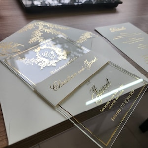 Hochzeitseinladung, Einladung, Acryleinladung, Goldfolie, creme, stylische Einladung, gold, Hochzeit, Briefumschlag, schneller Versand