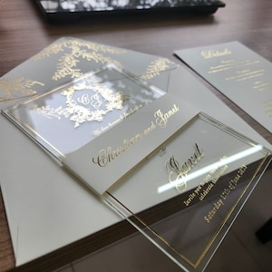 Wedding invitations, invitation, acrylic invitation, gold foil, cream, stylish invitation, gold, wedding, envelope, fast shipping