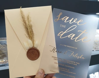 Komplettes Set, Hochzeitseinladungen, klare Einladungen, Plexiglas-Einladungen, transparente Einladungen