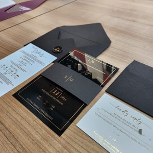 Wedding invitations, Black acrylic, Black plexiglass, gold foil, save the date, invitation, envelope, hotfoil