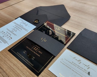 Wedding invitations, Black acrylic, Black plexiglass, gold foil, save the date, invitation, envelope, hotfoil