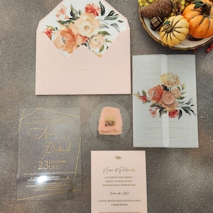 Invitation de mariage, papier vélin, acrylique, plexiglas, save the date, quinceaneras, invitation, foil, unique, élégant, rsvp, carte d’information