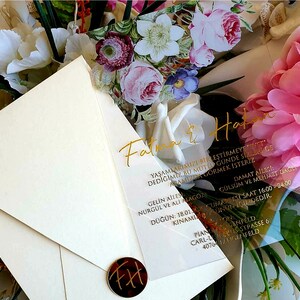 Hochzeitseinladung, Quinceanera, Save the Date, Acryleinladung, Einladung, verfoliet, Wachsstempel, individuelle Hochzeitseinladung, Umschlag, Menü