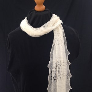 Beautiful 56" long framework knitted lacy scarf in superfine merino pure wool, hand crafted in the UK, warm and light, ideal gift