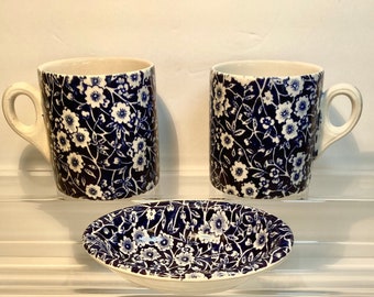 Rare Set of Vintage Burleigh Blue Calico Mugs and Soap Dish From