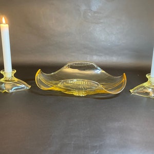 Uncommon Art Deco Yellow Glass Centerpiece Bowl and Candlesticks